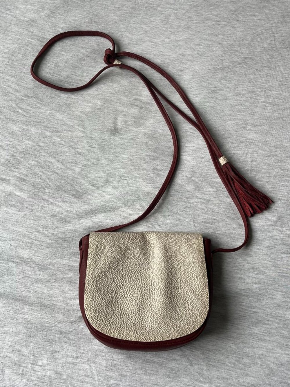 Burgundy & Cream Textured Flap Mini Crossbody Bag Tassel